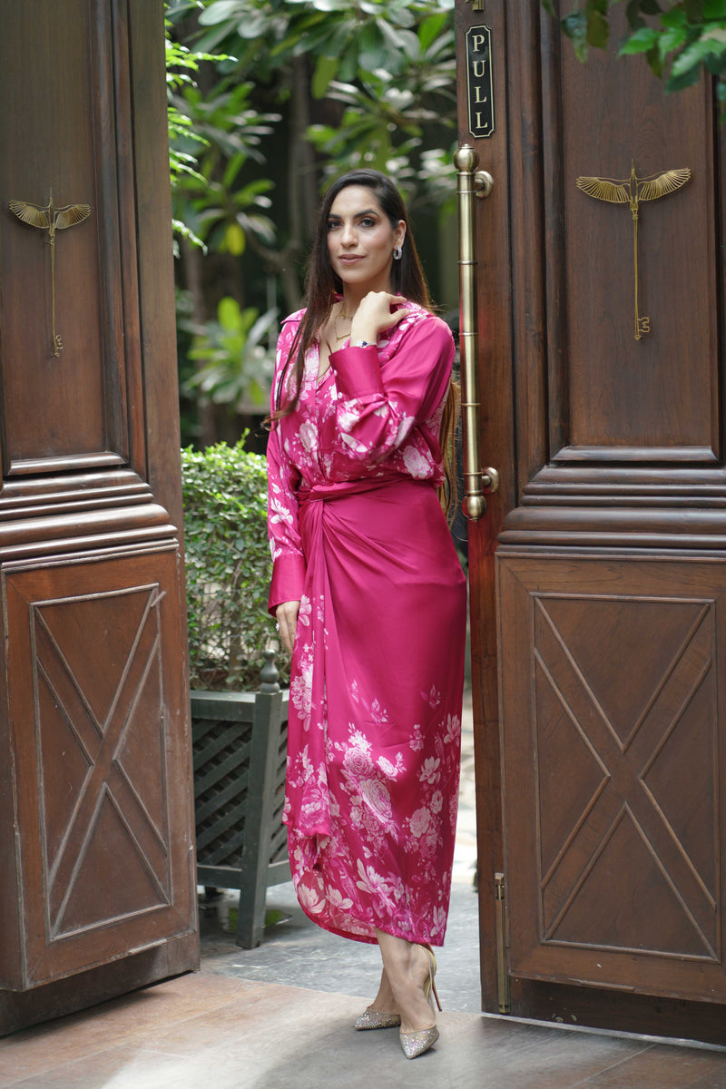 Silk Satin Wrap Around Skirt & Shirt-Hot Pink