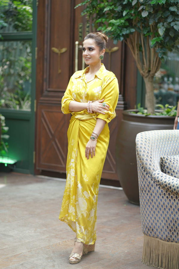 Silk Satin Wrap Around Skirt & Shirt-Yellow