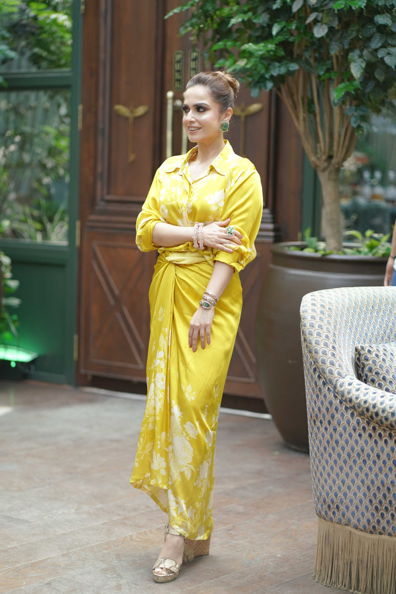 Silk Satin Wrap Around Skirt & Shirt-Yellow