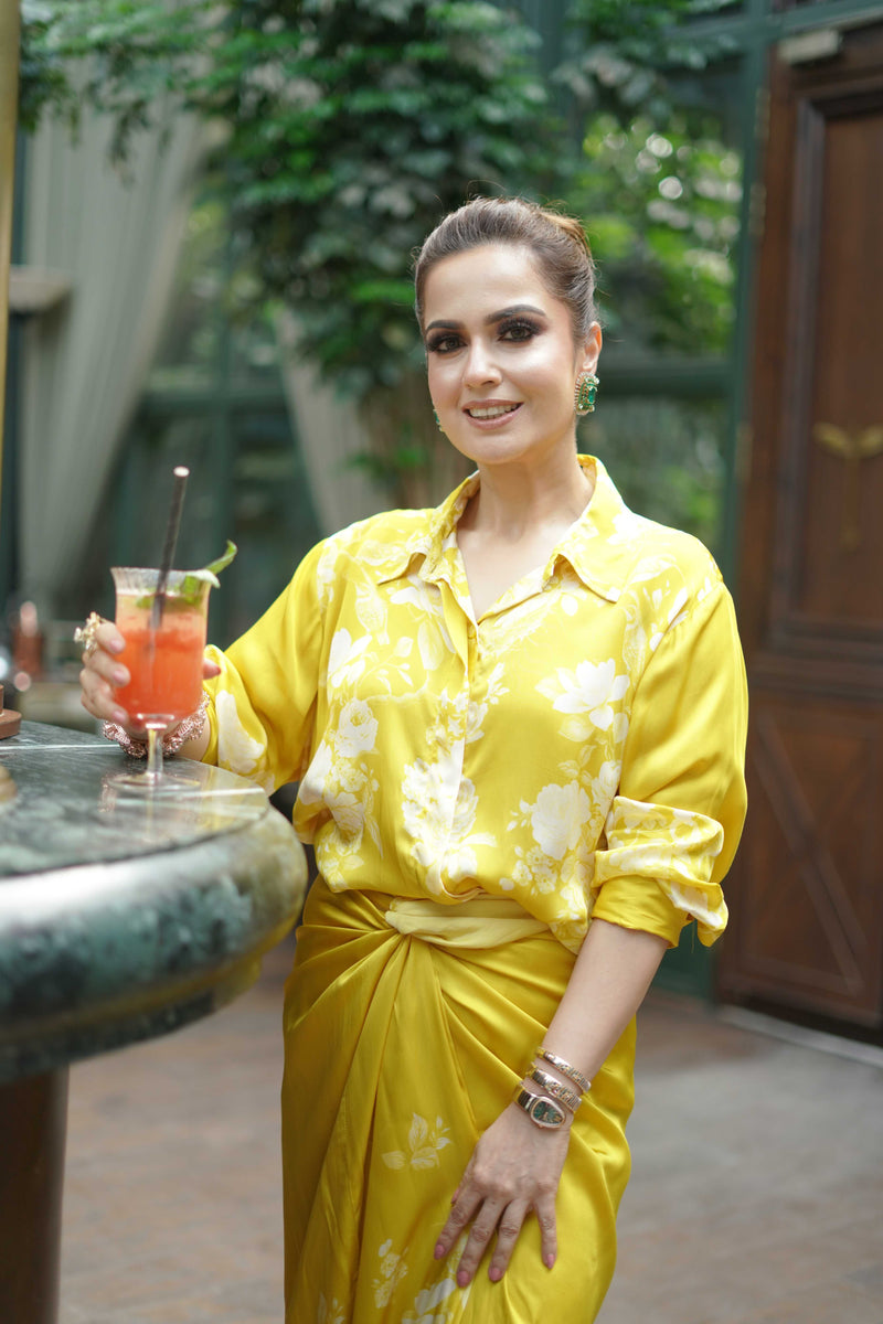 Silk Satin Wrap Around Skirt & Shirt-Yellow