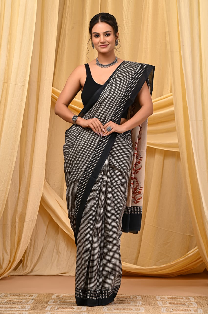 Hand Block Printed Cotton Mul Saree