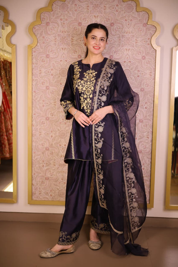 Rang-e-Zari Silk Chanderi Suit- Navy blue