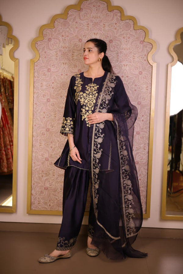 Rang-e-Zari Silk Chanderi Suit- Navy blue